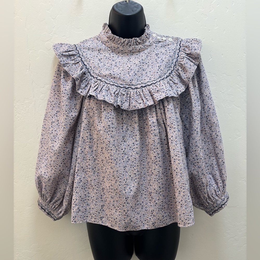 Doen Raina Ruffle Floral Yoke Blouse - Cream/Blue - Picture 2 of 12